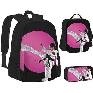 BONDIJ Terrazzo Marble Pastel Rugzakken voor school met lunchbox etui, waterbestendige tas voor jongens meisjes leraar geschenken, Taekwondo Ontwerp, Eén maat