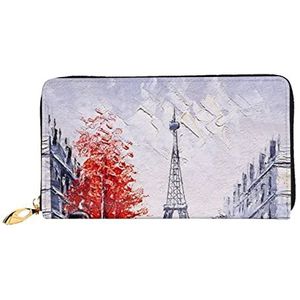 LAMAME Palmboom Paars Zonsondergang Gedrukt Lederen Portemonnee met Zip Pocket Lange Clutch Draagbare Travel Portemonnee, Parijs City Tree Eiffeltoren Kunst, Eén maat