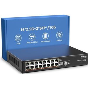 Umanaged Ethernet-switch met 18 poorten, 2,5 G, 16 x 2,5 Gb Base-T-poorten, 2 x 10G SFP+, compatibel met 100/1000/2500Mbps, metalen ventilatorloos, desktop/rackmontage YuanLey 2,5 Gbe netwerkswitch