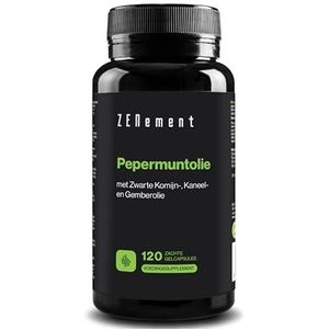 Pepermuntolie met Zwarte Komijnolie, Kaneel en Gember - 120 Softgels, Synergetische Formule met 500mg, Spijsverteringsgezondheid, 40% Menthol, 20% Menthon, 100% Natuurlijk - Zenement