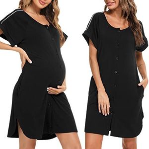 Bresdk Nachthemd Dames Slaapshirt Korte Mouwen Katoen Sleepwear Slaapshirt Nachtjurk 2 Knopen Strepen Loungewear V-hals Nachtkleding met Zakken, XL