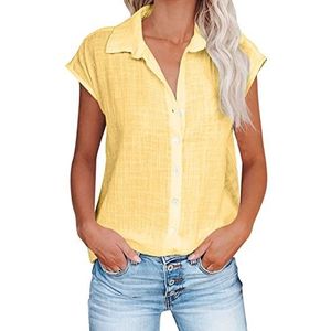 Dames Casual Button Down Shirts Korte Mouw V-hals Oversized Blouses Vrouwelijke Effen Kraag Zomer Tops Plus Size Sale, Mode Dames Tops UK, Geel, S