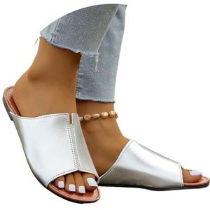 Zomerse Platte Slippers for Dames Elegante Peep Toe Sandalen Vintage Slippers Binnen- En Buitenslippers Studentenslippers 2025 Vrijetijds- En Strandschoenen(Silver,43 EU)