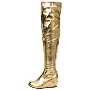 Modieuze Overknee Laarzen Met Sleehak Dames PU-lakleer Laarzen Met Lange Schacht Elasticiteit Hoge Laarzen Warme Pluche Gevoerde Snowboots Met Ritssluiting(Gold,42 EU)