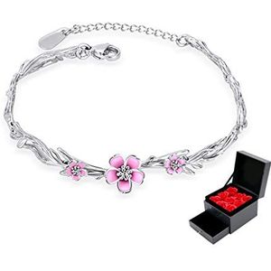Armbanden voor Vrouwen Vrouwen 925 Sterling Zilveren Armband Roze Sakura Sieraden Collectie Lucky Ring Verstelbare Sieraden Geschenken (Rose Geschenkdoos) Armband Sieraden (Kleur: Grijs)