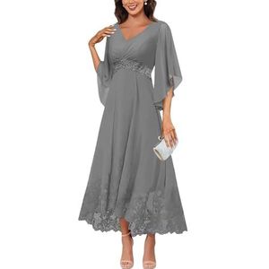 KURFACE Jurken voor dames, V-hals, moeder van de bruid met mouwen, kanten applicatie, chiffon, formele avondjurk, Grijs, 32
