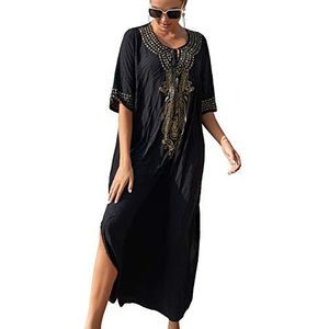 YouKD Katoenen geborduurde bloemen losse caftan Boho strand bikini cover-up jurk Grote maten loungewear voor dames