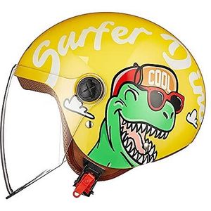 Motorhelm voor kinderen, meisjes en jongens, kid jethelm met vizier, dinosaurus, bromfietshelm, snelsluiting, uitneembaar, wasbaar, 48-55 cm, geel