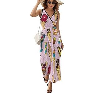Ice Cream Maxi lange jurk voor dames, V-hals, mouwloos, tank, zonnejurk, zomer