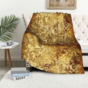 EgoMed Deken, zachte flanellen deken voor slaapkamer bank, lakens 152 x 102 cm, mand beige goud vintage in gouden patronen bruin gekleurd roest rustiek schroot