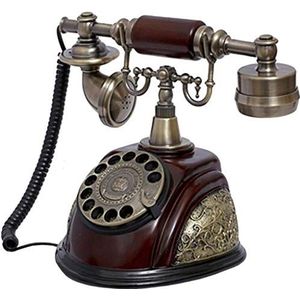 Antieke telefoon, retro bedrade telefoon, oude telefoon van hars en metaal met draaiknop en klassieke metalen bel