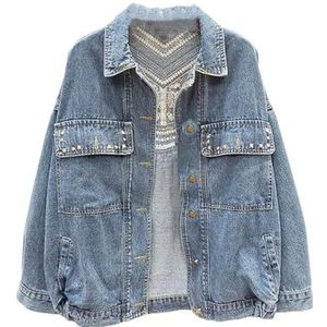 Dvbfufv Vrouwen Denim Jas Borduren Losse Denim Jas Lange Mouw Bovenkleding Vrouwen Vintage Streetwear Jas, Donkerblauw, S