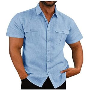 WEITING Linnen overhemd met korte mouwen voor heren, met opstaande kraag, Hawaïaans overhemd, korte mouwen, zomershirt, outdoor T-shirts, Blauw B, XL