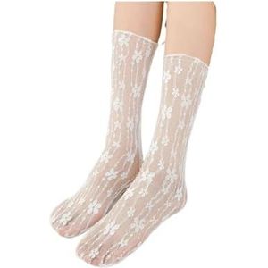 YIJIANUO Vrouwen Kant Bloem Mode Ultradunne Transparante Zomer Japan Stijl Hollow Mesh Crew Sokken Harajuku Retro Lange Kawaii Sokken, Wit, Eén maat
