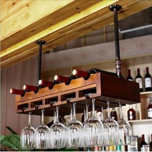 JLVAWIN Opbergrek Wijnrek Wandmontage Restaurant Huishoudelijke Wijnglas Rack ondersteboven Retro Iron art + Massief houten wijnrek (Maat: 80 x 30 cm) Planken