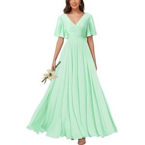 KURFACE Bruidsmeisjesjurken met V-hals en mouwen voor dames, geplooid, chiffon, bruidsmeisje, vloerlengte, formele feestjurk, mintgroen, 32
