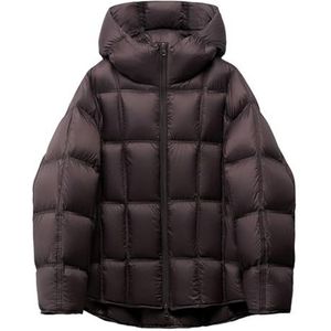Dames Korte Capuchon Donsjas, Losse Pasvorm Witte Eendendons Gewatteerde Jas Winter Warm(Brown,S)
