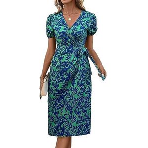 jurken voor dames Groene boho allover print pofmouwen geknoopte zijwikkeljurk (Color : Gr�n, Size : Small)