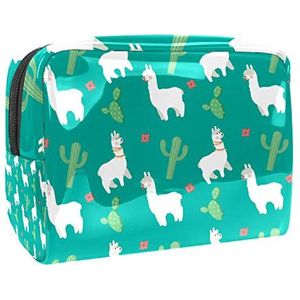 Draagbare make-up tas met rits reizen toilettas voor vrouwen handige opslag cosmetische zakje wit alpaca patroon groen cactus