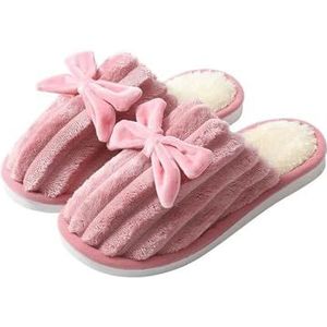 APVPOPOKGM Damespantoffels met schattige strik, traagschuim, huisschoenen, corduroy antislip, warme pluche schoenen, binnen en buiten, Donker Roze, 38 EU