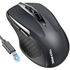 TechRise Bluetooth muis, 2,4 G draadloze muis (BT 5.0/3.0 + 2.4G) 4800 dpi, oplaadbare ergonomische muis met USB-A-ontvanger, 6 niveaus DPI stille draadloze muis voor laptops, computer, pc, Windows