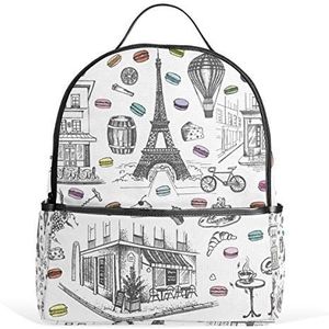 Jeansame Rugzak Schooltas Laptop Reistassen voor Kinderen Jongens Meisjes Vrouwen Mannen Eiffeltoren Parijs Bloemen Bloem Frans Zwart Grijs Wit
