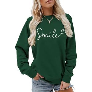 MLZHAN Smile Love Heart Print Vrouwen Sweatshirt Ronde Hals Lange Mouw Truien Herfst Winter Streetwear Causale Jas Tops, Vintage Groen, S