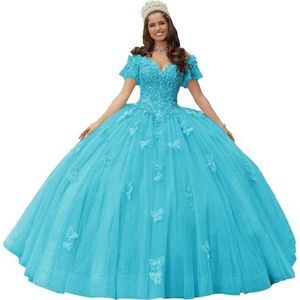 Fuomomo Quinceanera MT052 Jurk met vlinderapplicaties van kant, 3D, glanzend, baljurk, schoudervrij, voor snoep, 15 en 16, verjaardagsjurk van tule, Turquesa, 38