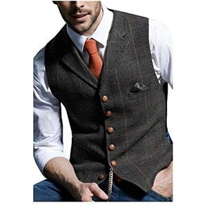 BGDRR Vest voor heren, gilet, plaid, tweed, Herringbone, wol, zakelijk, bruiloft, groen, zwart, grijs, kantoor (kleur: grijs, maat: L)