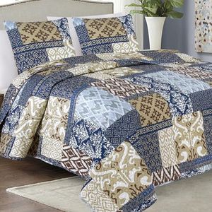 Euromat Beddensprei, doorgestikte sprei, gewatteerde sprei, met 2 kussenslopen 40 x 40 cm (blauw-beige-bruin, SY-6750, 220 x 240 cm)