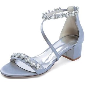 KYEGLO Dames Sandalen Met Open Teen En Strass Steentjes, Dikke Zool En Enkelbandje Met Strass Steentjes, Comfortabele Satijnen Bruidsschoenen Met Ritssluiting,Zilver,36