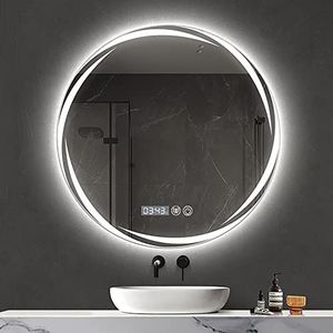 POWRZ 60x60cm Verlichte LED Badkamer Spiegel Wandmontage Smart Badkamer Vanity Spiegel met Demister Pad ring lichtspiegel met 3 Kleurenverlichting Tijd voor Vanity, Badkamer of Slaapkamer (Maat: