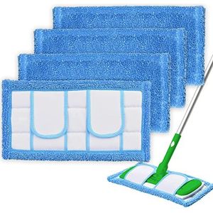 4 Pack Herbruikbare Microfiber Mop Pads Compatibel voor Swiffer Sweeper & All 10-12 Inch Flat Mop, Verbeterde Natte Stomerij Pads voor alle Harde Vloer, Wasbare Veegmachine Vullingen