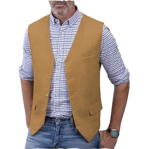 AeoTeokey Linnen vest voor heren, zomerpak, vest, V-hals, lichtgewicht, casual vest, normale pasvorm, Bruin, XL