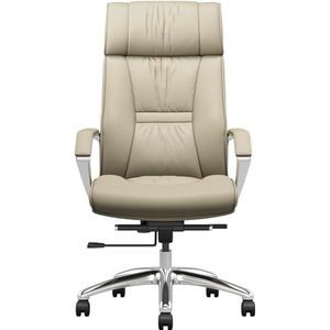 SAFWELAU Armstoel Executive Bureaustoel echt lederen computerstoel, hoge rug ergonomische stoelen met rugleuning kantelen en gladde rollende wielen (kleur: beige)