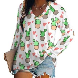 Cartoon Love Cactus Patroon Vrouwen V-hals Shirt Lange Mouw Tops Casual Losse Fit Blouses