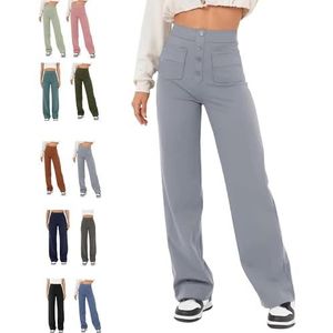 BAWUTZ Casual stretchbroek met hoge taille voor dames, rechte broek met hoge taille met zakken, casual stretchbroek, super elastische hoge taille, rechte broek (grijs, S)