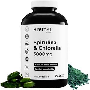 Spirulina en Chlorella 3000 mg. 240 veganistische tabletten voor bijna 3 maanden behandeling. Natuurlijk eiwit uit Spirulina en Chlorella algen. Gefabriceerd in Europa door HIVITAL