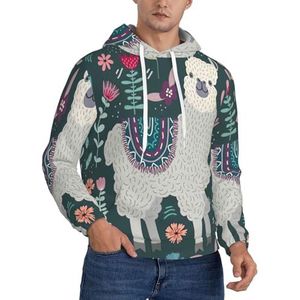 JEJEA Sweatshirt met capuchon voor heren, met print van bloemenprint en alpaca-print, met trekkoord, pullover met lange mouwen, voor dagelijks gebruik, Zwart, S