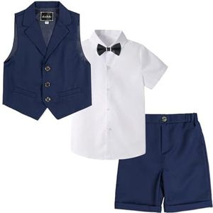 LOLANTA 4-delige vrijetijdspak voor kinderen, feestelijk zomertrouwpak voor jongens, overhemd met korte mouwen, vlinderdas, gilet, korte broek, donkerblauw, 130