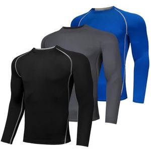 AMZSPORT Compressieshirt voor heren, lange mouwen, ademend, sport, hardlopen, 3 stuks, Zwart, grijs, blauw, L