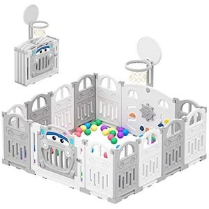 UBRAVOO Opvouwbare babybox met mini-basketbalring en 50 stuks gekleurde pitballen, autothema-box voor baby's en peuters, groot en leuk indoor activiteitencentrum, EDP001 (14 panelen,Grijs-Wit)