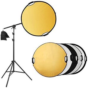 Selens 5-in-1 reflector fotografie rond vouwreflector + 200 cm lichtstandaard + zandzak + uittrekbare houder, draagbare diffuser goud/zilver/wit/zwart en transparante reflector met handvat