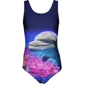 Aquarti Meisjes Badpak met Racerback en Dolfijn Print, Dolfijn/Donkerblauw/Roze, 128