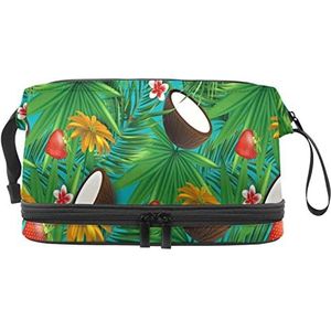 Dubbele Laag Cosmetische Tas Palm Fruit Bloem Draagbare Make-up Tas Reizen Organizer Pouch voor Vrouwen Meisjes Toiletartikelen Tassen, Meerkleurig, 27x15x14 cm/10.6x5.9x5.5 in, Make-up zakje