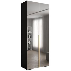 MEBLE KRYSPOL Inova 1 Moderne Kast met Spiegel, Planken - Opbergkast voor Slaapkamer, Woonkamer - 236,7x100x47cm - Kleur Behuizing Zwart - Kleur Front Zwart - Kleur Handgreep Goud