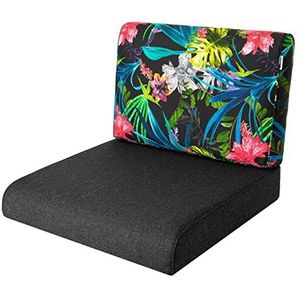 PillowPrim Stoelkussen, voor rotanstoel, outdoor, palletkussen, zitkussen, rotanmeubels, zwart en kleurrijke bladeren, 70 x 70 cm