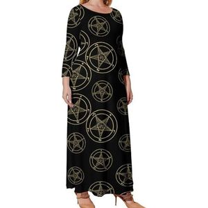 Omgekeerde Pentakel Tinnen Satanische Geit Grafische Plus Size Jurk Voor Vrouwen Casual Lange Mouw Maxi Jurken