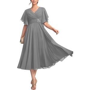 KIYNE Dames V-hals thee lengte moeder van de bruid jurken met mouwen chiffon formele jurk avondjurk, Zilver, 32