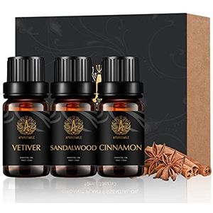 Therapeutische kwaliteit aromatherapie etherische oliën Set - Sandelhout Kaneel Vetiver Essentiële Oliën Kit, 100% Pure Aromatherapie Geurende Oliën voor Diffuser, Massage, Luchtbevochtiger 3x10ml